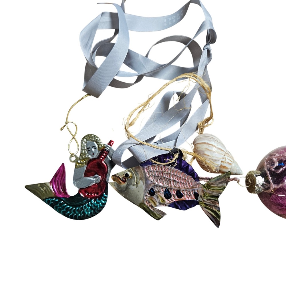 Barneys New York Nautical Ornament Set Tin Fish Mermaid Shell Glass Orb Purple